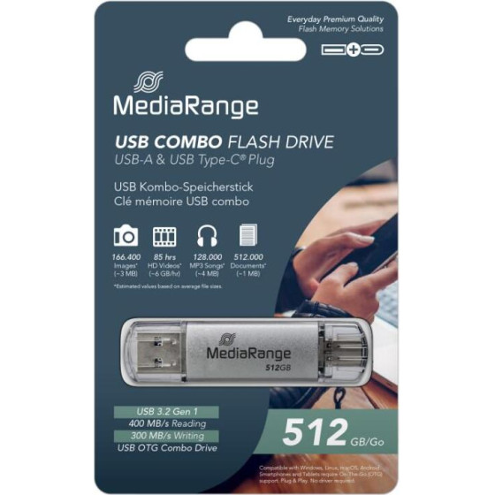 MediaRange Usb 3.2 Gen 1 Combo Flash Memory Drive With USB-A And USB-C(R), With Protective Caps, Silver, 512GB - (MR940-1)