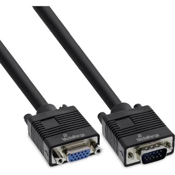 MediaRange Vga Extension cable, Vga (HD15) Plug To socket, 2m Cable Length, Black - (MRCS249)