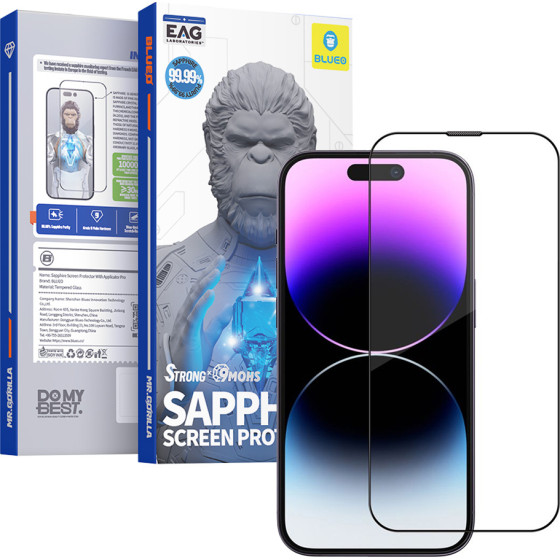 Blueo - Sapphire Screen Protector with Applicator Pro - iPhone 15 Pro - Black