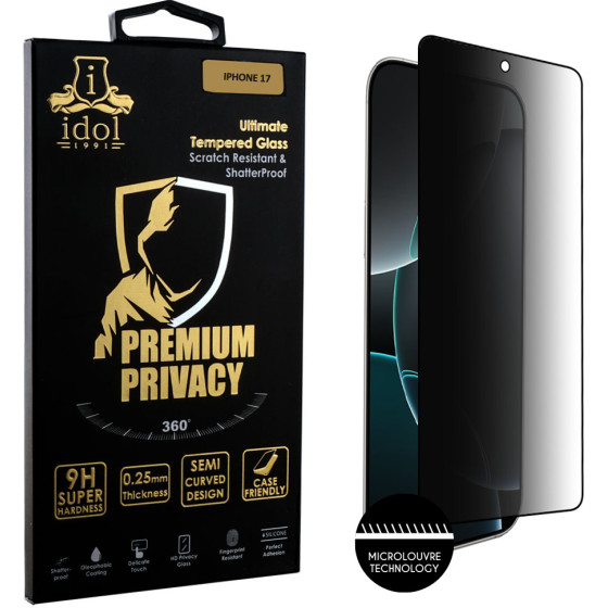 Idol 1991 Tempered Glass Iphone 17 6.3'' 9H 0.25mm Premium Privacy Antispy Semi Curved Full Glue BLACK