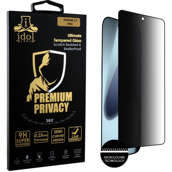 Idol 1991 Tempered Glass Iphone 17 Pro 6.3'' 9H 0.25mm Premium Privacy Antispy Semi Curved Full Glue BLACK
