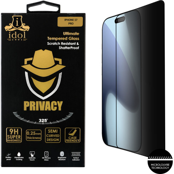 Idol 1991 Tempered Glass Iphone 17 Pro 6.3'' 9H 0.25mm Privacy Antispy Semi Curved Full Glue BLACK