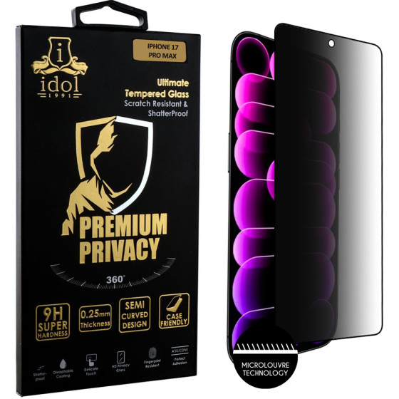 Idol 1991 Tempered Glass Iphone 17 Pro Max 6.9'' 9H 0.25mm Premium Privacy Antispy Semi Curved Full Glue BLACK