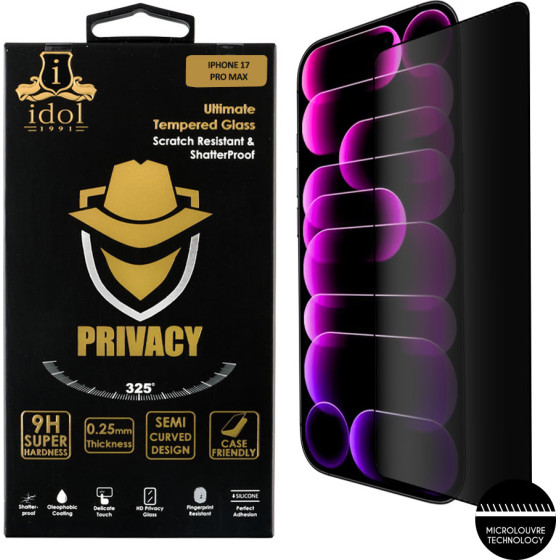 Idol 1991 Tempered Glass Iphone 17 Pro Max 6.9'' 9H 0.25mm Privacy Antispy Semi Curved Full Glue BLACK