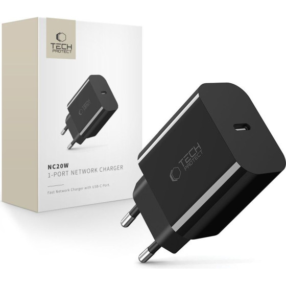 Tech-Protect NC20W USB-C 1-Port PD20W Wall Charger - Black - (28297-0)