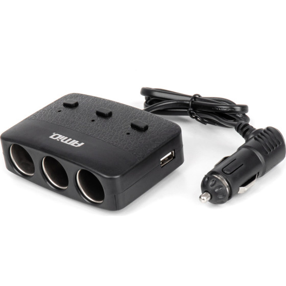 AMiO ���������� �������� 12/24V 100W ������/3 ������/2xUSB-A /������ ON-OFF/������� LED/������� 70cm - 1 ���. - (04363)