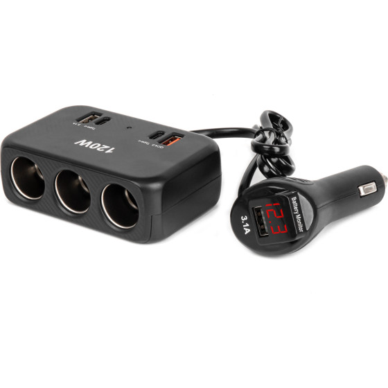AMiO ���������� �������� 12/24V 120W �������� ������/3 ������/2xUSB-A + 1xUSB-C Qc 4.0 �� ������� 80cm - 1 ���. - (04366)