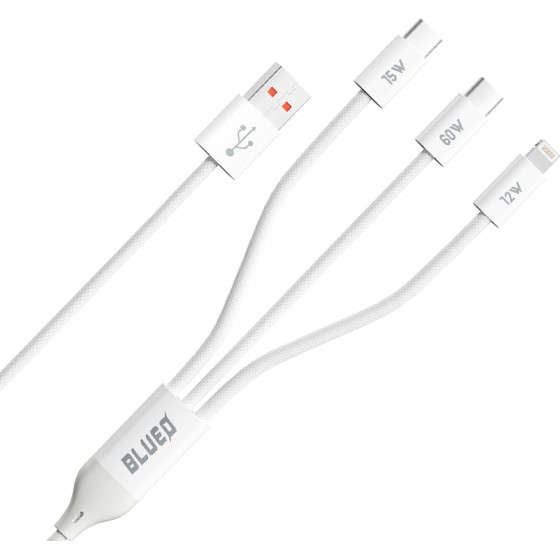 BLUEO - 3in1 Data Cable - USB-A To 2x Type-C, Lightning, Fast Charging, Braided - White