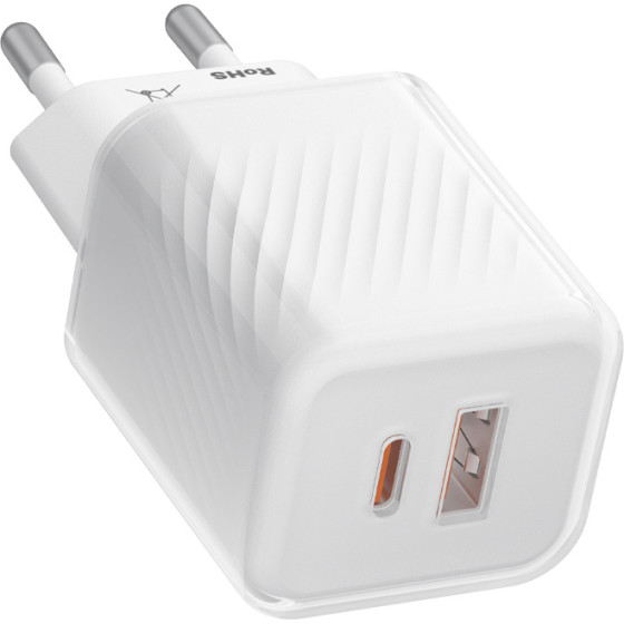 BLUEO - Wall Charger Dual Port - 1x USB, 1x Type-C, Gan Technology, Fast Charge, Elegant Finish, PD3.0, 35W - White