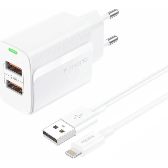 Foneng ��������� �������� ������� �������� �� ����� ����� 2xUsb A 12W 2.4A & ������� Usb A �� Lightning 1m ����� - (EU63)