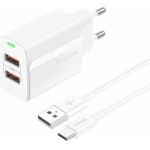 Foneng ��������� �������� ������� �������� �� ����� ����� 2xUsb A 12W 2.4A & ������� Usb A �� Usb C 1m ����� - (EU63)
