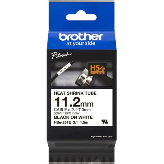 Brother Heat Shrink Tube Tape Cassette Black On White 11.2mm - (HSE231E)