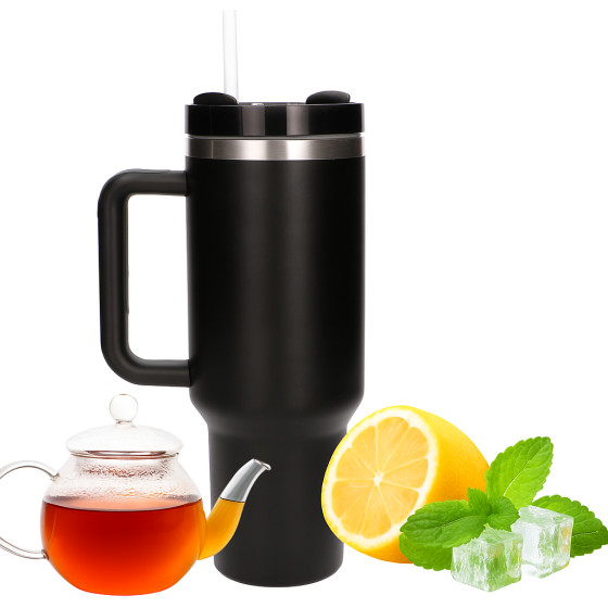 EXTRALINK Black Forest | Thermo Mug With Straw | Thermos With handle, 1200ml, Black - (EX.28600)