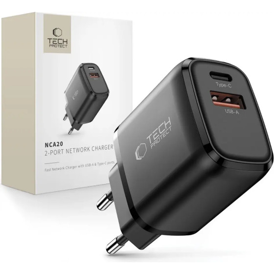 Tech-Protect NCA20 Pd 20W / QC3.0 USB-A / USB-C Wall Charger - Black - (28456-0)