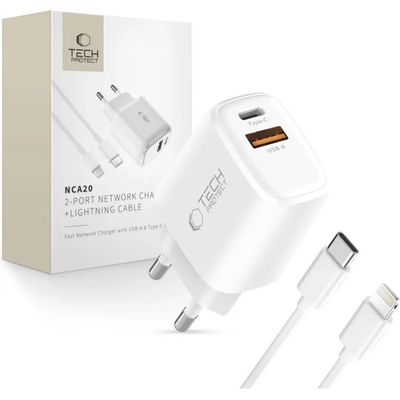 Tech-Protect NCA20 Pd 20W QC3.0 USB-A / USB-C Wall Charger + USB-C / Lightning Cable 100cm - White - (28550-0)