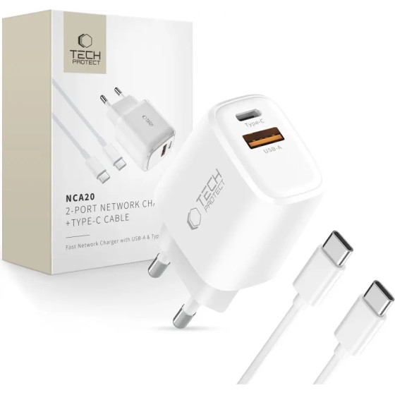 Tech-Protect NCA20 Pd 20W QC3.0 USB-A / USB-C Wall Charger + USB-C / USB-C Cable 100cm - White - (28551-0)