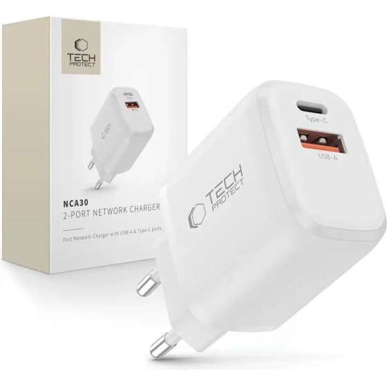 Tech-Protect NCA30 Pd 30W QC3.0 USB-A / USB-C Wall Charger - White - (28546-0)
