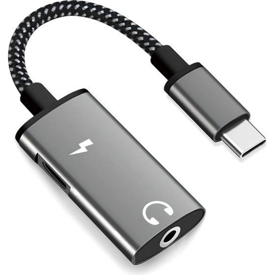 Techsuit - 2in1 Audio Adapter Acusticore (AC22) - Type-C To Type-C/Jack 3.5mm, Fast Charging, Dac Chip, Hi-Fi Sound - Gray