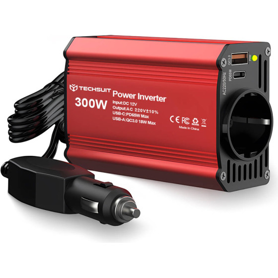 Techsuit - Car Power Inverter Flexicarvolt (IA1) - Type-C, USB-A, Pocket Socket, PD65W, 300W - Red