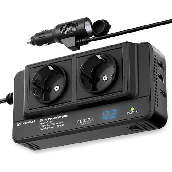 Techsuit - Car Power Inverter Powerdrivex (IA2) - Type-C, 2x USB-A, 2x Ac Power Sockets, 220V, 200W - Black