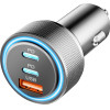 Techsuit - Premium Car Charger Driveboost - Fast Charge, Led Light, USB, 2x Type-C 60W, 5V/3A, Aluminium Alloy - Silver - (C6)