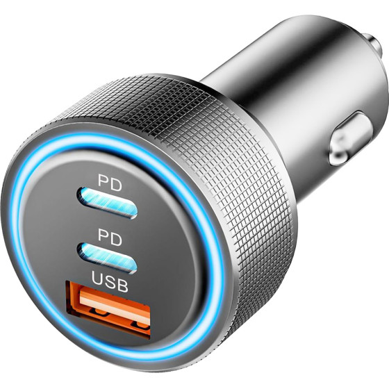 Techsuit - Premium Car Charger Driveboost - Fast Charge, Led Light, USB, 2x Type-C 60W, 5V/3A, Aluminium Alloy - Silver - (C6)