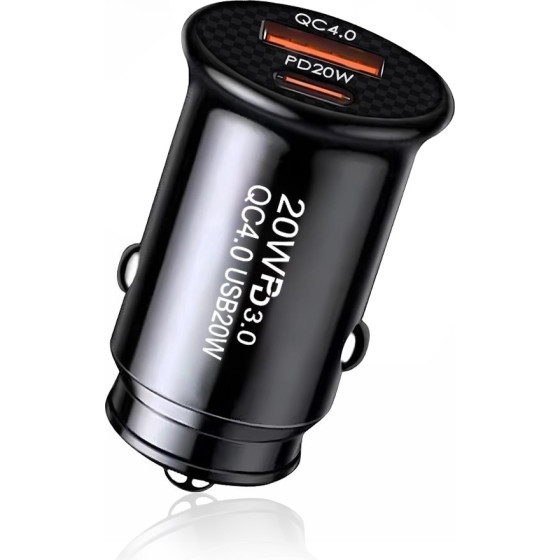 Techsuit - Premium Car Charger Minifusex - Fast Charge, Mini Design, 2in1 Usb Qc 4.0, Type-C PD20W, Abs - Black - (C4)