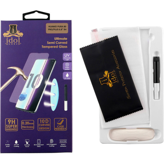 Idol 1991 Tempered Uv Glass Huawei Pura 80 PRO/Plus 6.8'' 9H 0.20mm 10D Semi With GLUE-Tool Finger Unlock Full Cover TRANSPARENT