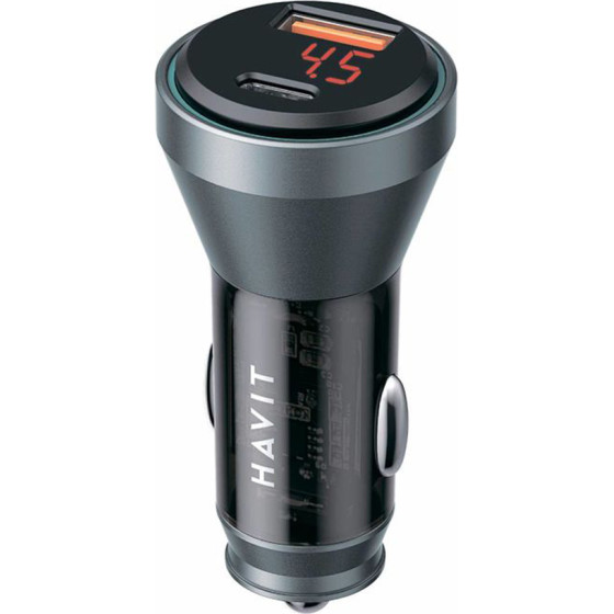 Havit - Car Charger (CC2017) - Type-C, USB, 45W, 3A, Visible Internal Structural Design - Black / Blue