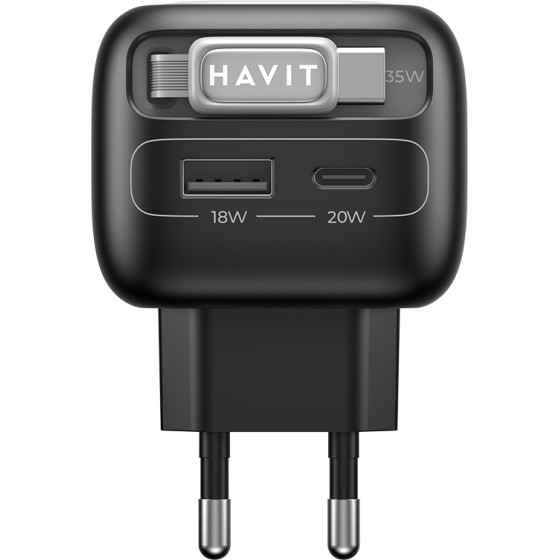 Havit - Wall Charger (UC251 EU) - Type-C Retractable Cable, Type-C, USB, GaN, 35W - Black / Gray
