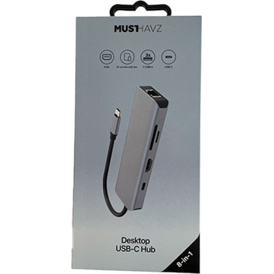 Musthavz Hub Usb C 8 �� 1 �� 3 ����� Usb A, ���� Usb C, HDMI, Micro SD, SD, RJ-45 - (MHHU8IN1GRY)