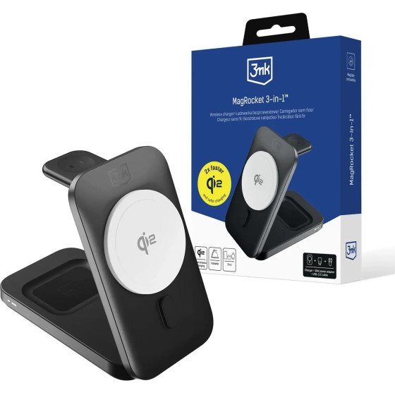 3MK Protection 3MK Magrocket 3-in-1 15W Qi2 Mpp Magsafe Wireless Charger - Black - (158829-0)