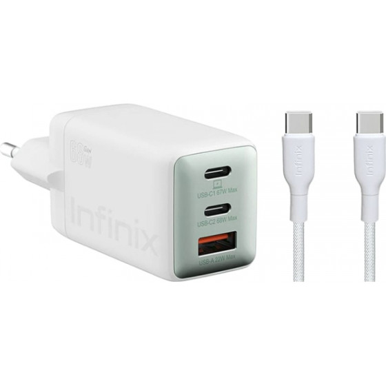 Infinix Wall Charger XC07868EU + XDC95, 68W, 6.2A, 1 x USB-A - 2 x USB-C, With USB-C Cable, White - (XC07868EU+XDC95)