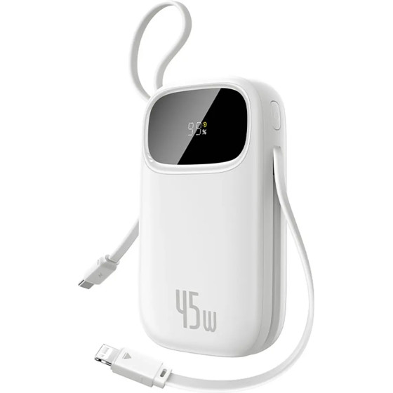 Baseus Enerfill FC31 20000mAh 45W Powerbank With Digital Display And 2 Built-In Cables (USB-C + Lightning) - White - (E0028D01)