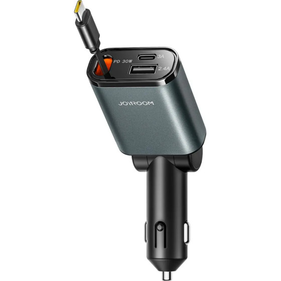 Joyroom 3-in-1 Car Charger With Built-In Retractable Cable - Dark Gray - (JR-CCL07)