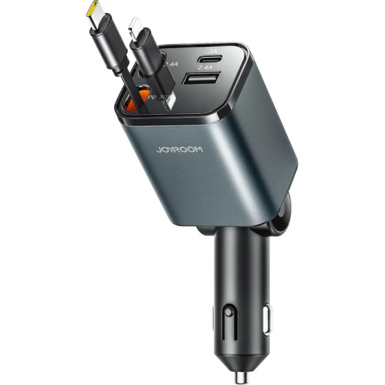 Joyroom 30W 4-in-1 Car Charger With 2 Built-In Retractable Cables - Dark Gray - (JR-CCL05)
