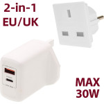 Lamtech 2-IN-1 EU/Uk Charger Usb QC3.0/TYPE-C With Adapter 30W - (LAM980794)