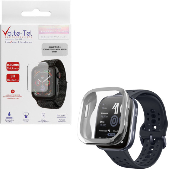 Volte-Tel Tempered Glass Amazfit Bip 6 46mm 1.97'' 9H 0.30mm Pc Edge Cover With Key 3D Full Glue Full Cover SILVER