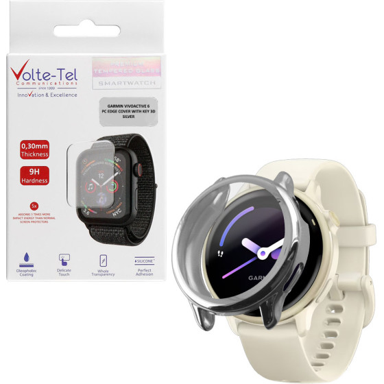 Volte-Tel Tempered Glass Garmin Vivoactive 6 1.2'' 9H 0.30mm Pc Edge Cover With Key 3D Full Glue Full Cover SILVER