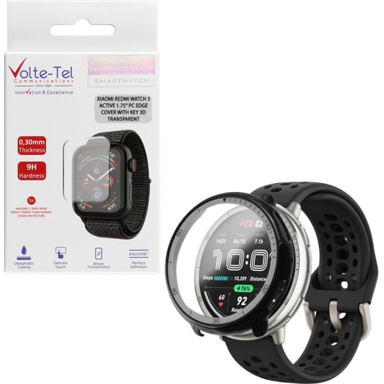 Volte-Tel Tempered Glass Amazfit Active 2 1.32'' 9H 0.30mm Pc Edge Cover With Key 3D Full Glue Full Cover BLACK