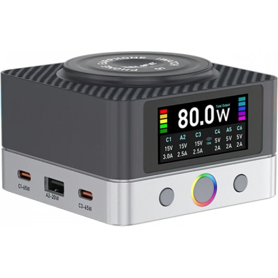 RELIFE Desktop Charger Q7 QI, 80W, 3.25A, 2 x USB-A - 4 x USB-C, Grey