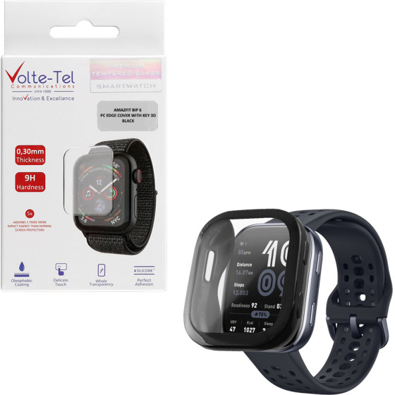 Volte-Tel Tempered Glass Amazfit Bip 6 46mm 1.97'' 9H 0.30mm Pc Edge Cover With Key 3D Full Glue Full Cover BLACK