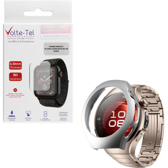 Volte-Tel Tempered Glass Huawei Watch 5 42mm 1.38'' 9H 0.30mm Pc Edge Cover With Key 3D Full Glue Full Cover SILVER