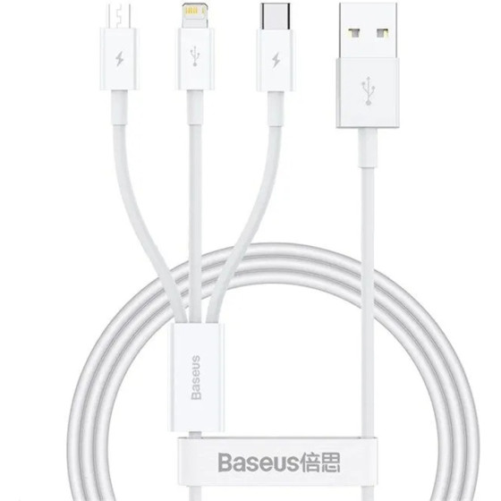 Baseus - Data Cable - Fast Charge, Usb To USB-C, Lightning, Micro-USB, 100W, 480Mbps, 1.5m - White - (P10377705213-00)