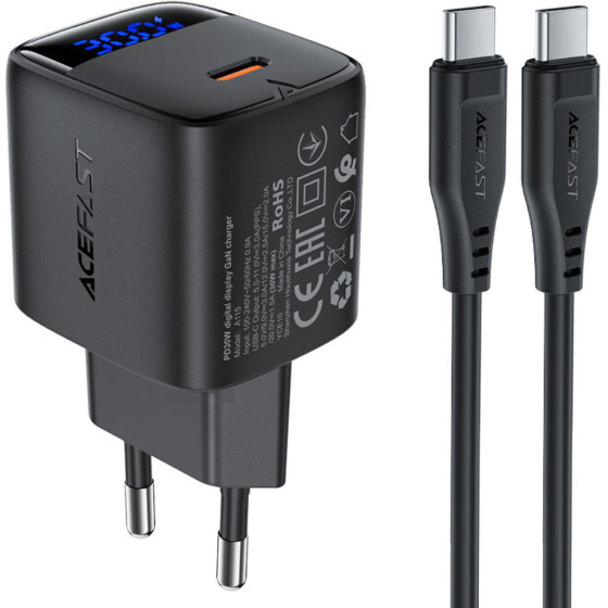 Acefast ��������� �������� Fast Charging USB-C PD30W 3.0A Gan �� Led ������� �������� + ������� USB-C �� USB-C ������ - (A115)