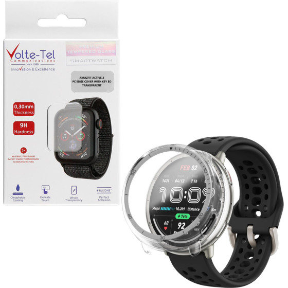 Volte-Tel Tempered Glass Amazfit Active 2 1.32'' 9H 0.30mm Pc Edge Cover With Key 3D Full Glue Full Cover TRANSPARENT