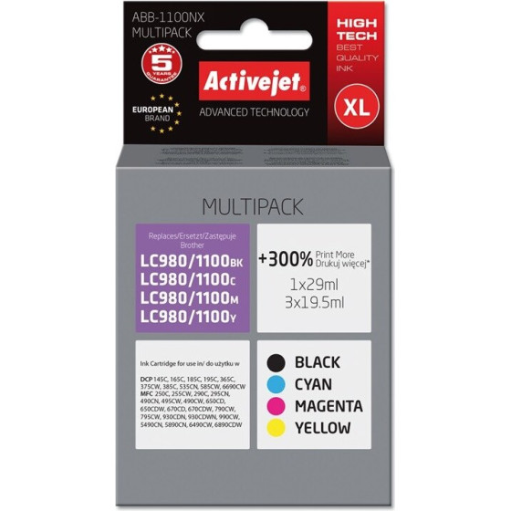 Activejet Ink (replacement for Brother LC1100/980; Supreme; 1 x 29 ml, 3 x 19.5 ml; black, magenta, cyan, yellow) - (ABB-1100NX)