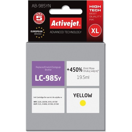 Activejet ink (replacement for Brother LC985Y; Supreme; 19.5 ml; yellow) - (AB-985YN)