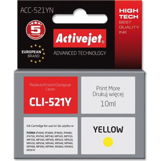 Activejet Ink (replacement for Canon CLI-521Y; Supreme; 10 ml; yellow) - (ACC-521YN)