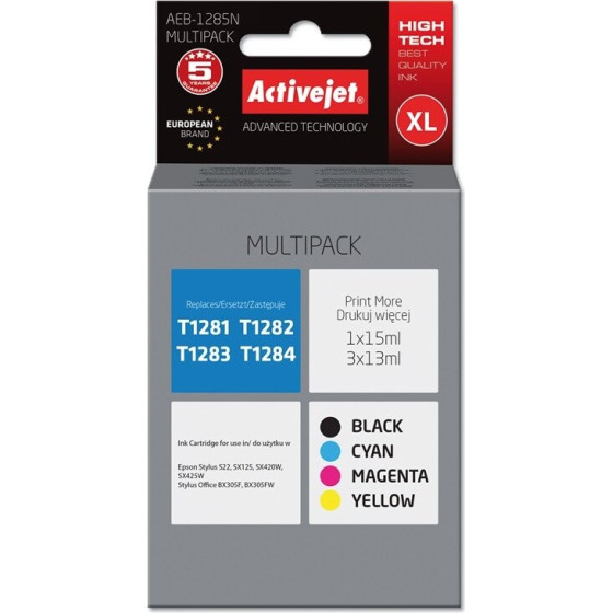 Activejet Ink (replacement for Epson T1281, T1282, T1283, T1284; Supreme; 1 x 15 ml, 3 x 13 ml; black, magenta, cyan, yellow) - (AEB-1285N)